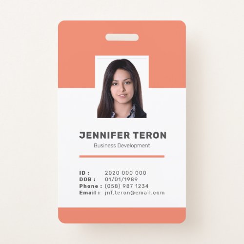 Custom Modern Orange Employee ID Card with barcode Badge