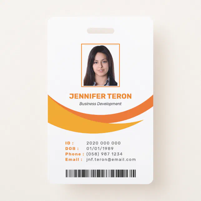 Custom Modern Orange Employee ID Card with barcode Badge | Zazzle