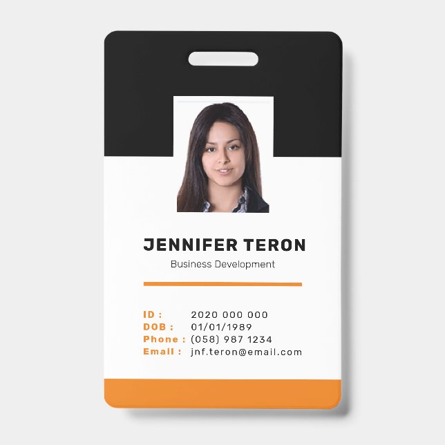 Custom Modern Orange Employee ID Card with barcode Badge (Front)