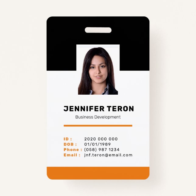 Custom Modern Orange Employee ID Card with barcode Badge (Front)