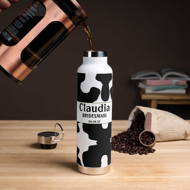 Custom Modern Personalized Black White Cow Print Water Bottle (Coffee)