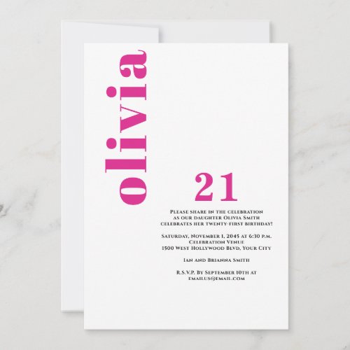 Custom Modern Pink 21st Birthday Invitation