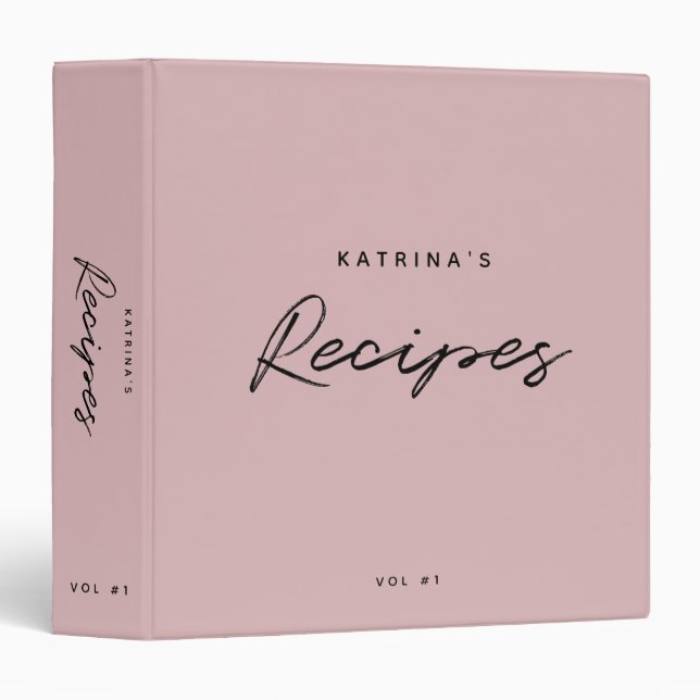 Custom Modern Pink Black Minimalist Script Recipe  3 Ring Binder (Front/Spine)