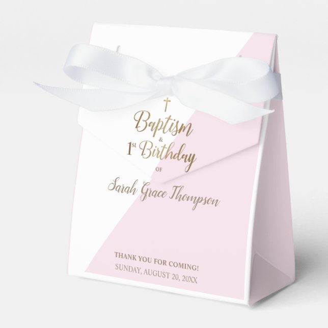 Custom Modern Pink Gold Cross Baptism 1st Birthday Favor Boxes (Front Side)