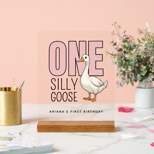 Custom Modern Pink One Silly Goose First Birthday Acrylic Sign (Wedding)
