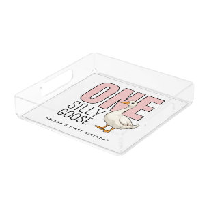 Custom Modern Pink One Silly Goose First Birthday Acrylic Tray