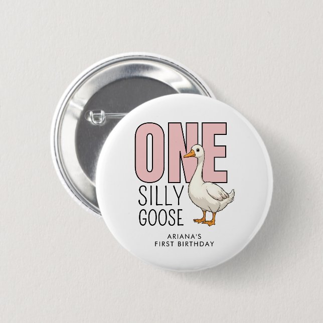 Custom Modern Pink One Silly Goose First Birthday Button (Front & Back)