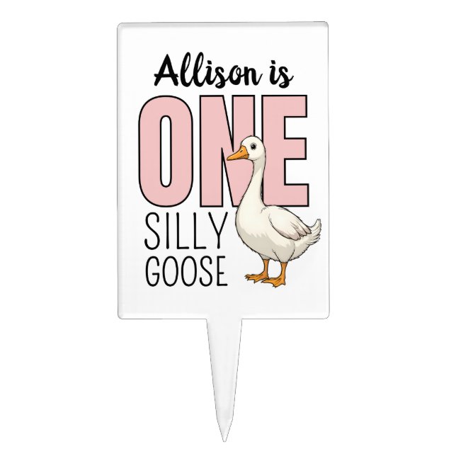 Custom Modern Pink One Silly Goose First Birthday Cake Topper (Front)