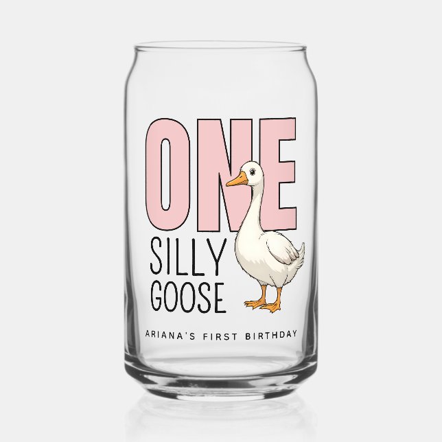 Custom Modern Pink One Silly Goose First Birthday Can Glass (Front)