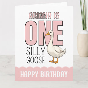 Custom Modern Pink One Silly Goose First Birthday Card