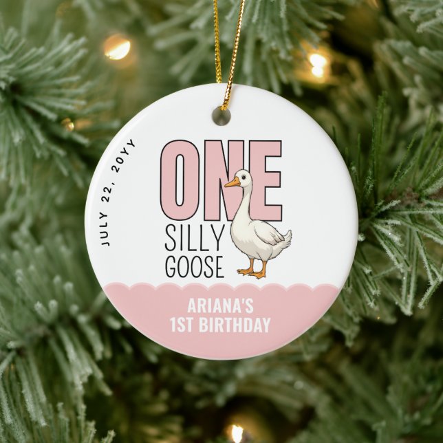 Custom Modern Pink One Silly Goose First Birthday Ceramic Ornament (Tree)