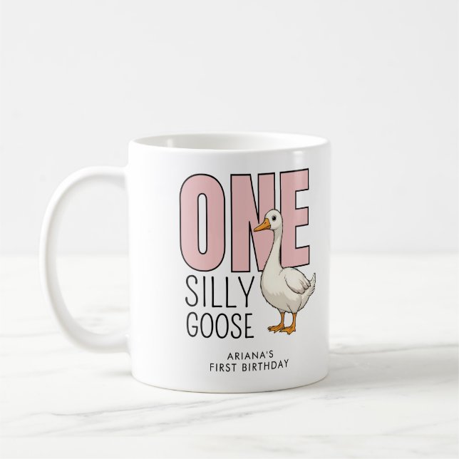 Custom Modern Pink One Silly Goose First Birthday Coffee Mug (Left)