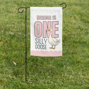 Custom Modern Pink One Silly Goose First Birthday Garden Flag