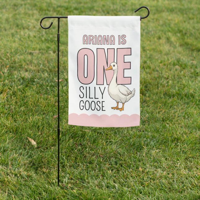 Custom Modern Pink One Silly Goose First Birthday Garden Flag (In SItu)