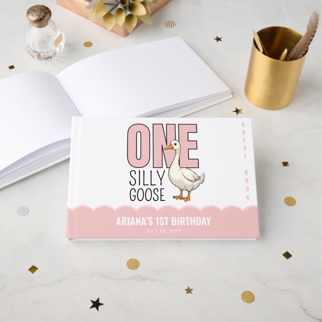Custom Modern Pink One Silly Goose First Birthday Guest Book (Front Open)