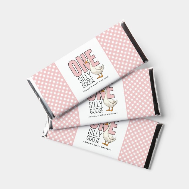 Custom Modern Pink One Silly Goose First Birthday Hershey Bar Favors (Front)