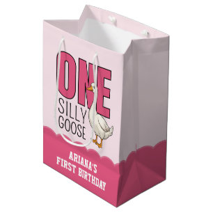 Custom Modern Pink One Silly Goose First Birthday Medium Gift Bag