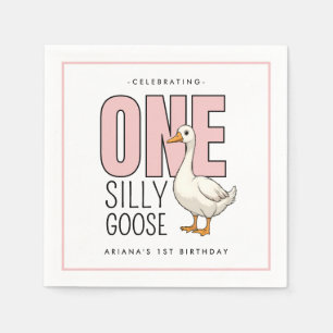 Custom Modern Pink One Silly Goose First Birthday Napkins