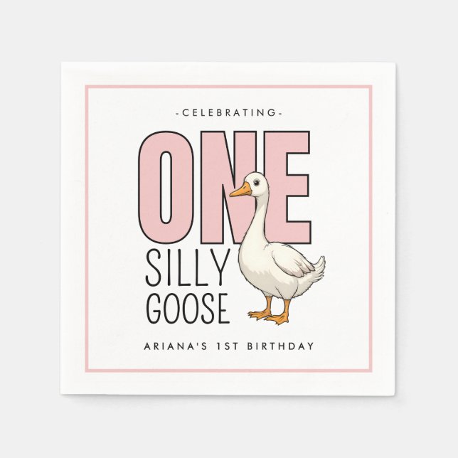 Custom Modern Pink One Silly Goose First Birthday Napkins (Front)