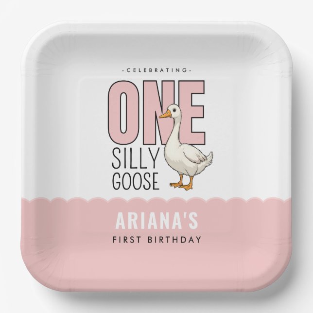 Custom Modern Pink One Silly Goose First Birthday Paper Plates (Front)