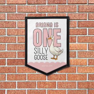 Custom Modern Pink One Silly Goose First Birthday Pennant
