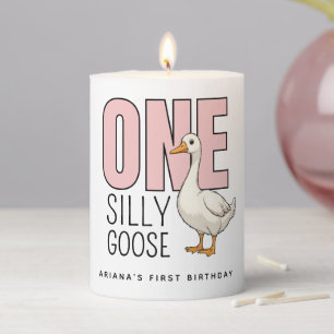 Custom Modern Pink One Silly Goose First Birthday Pillar Candle
