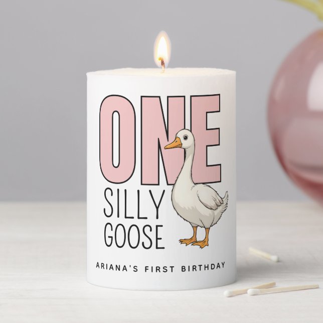 Custom Modern Pink One Silly Goose First Birthday Pillar Candle (In Situ)