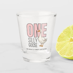 Custom Modern Pink One Silly Goose First Birthday Shot Glass