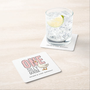 Custom Modern Pink One Silly Goose First Birthday Square Paper Coaster