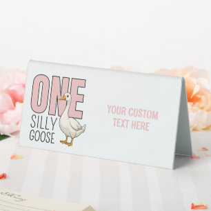 Custom Modern Pink One Silly Goose First Birthday Table Tent