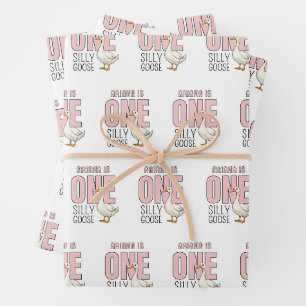 Custom Modern Pink One Silly Goose First Birthday Wrapping Paper Sheets