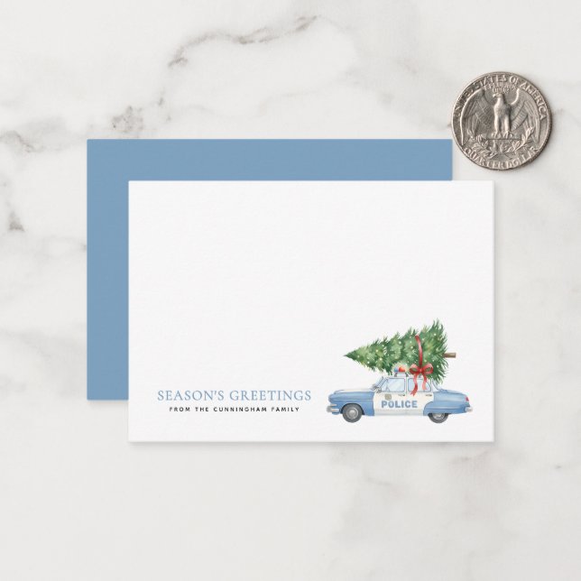 Custom Modern Police Officer Christmas Tree Car Note Card (Front/Back In Situ)