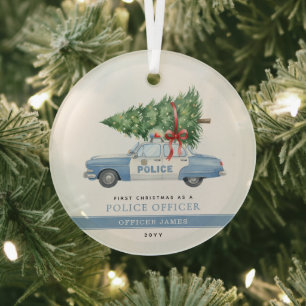 Custom Modern Police Officer First Christmas Glass Ornament