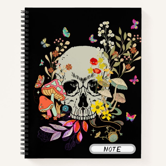 Custom Modern Pretty skull Flower Mushroom Pattern Notebook (Front)