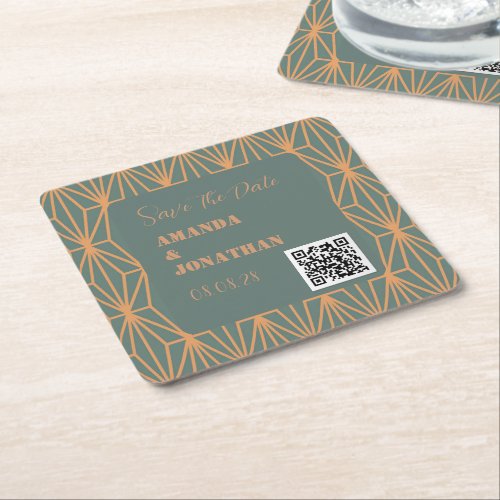 Custom Modern QR Code Save the Date Square Paper Coaster