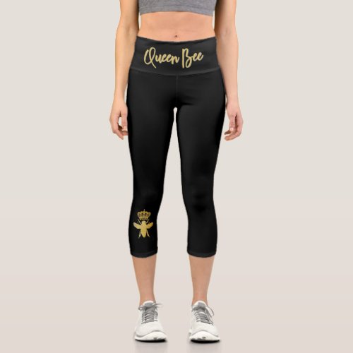 Custom Modern QUEEN BEE Gold  Black Yoga Women  Capri Leggings