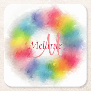 Custom Modern Rainbow Abstract Art Monogrammed Square Paper Coaster