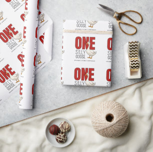 Custom Modern Red One Silly Goose 1st Birthday Wrapping Paper