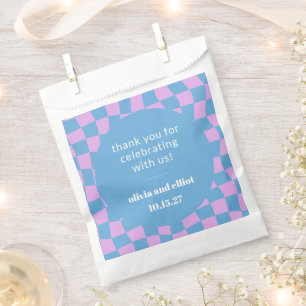Custom Modern Retro Checkerboard Blue Pink Wedding Favor Bag