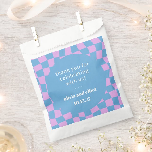 Custom Modern Retro Checkerboard Blue Pink Wedding Favor Bag (Clipped)