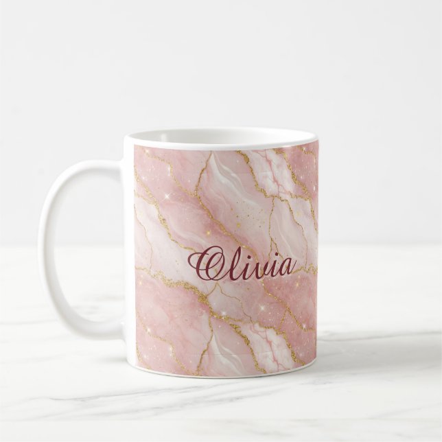Custom Modern Rose Quartz Marble Gold Glitter Coffee Mug (Left)