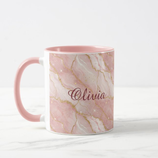Custom Modern Rose Quartz Marble Gold Glitter Mug (Left)