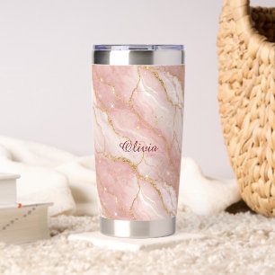 Custom Modern Rose Quartz Marble Gold Insulated Tumbler