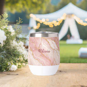 Custom Modern Rose Quartz Marble Gold Thermal Wine Tumbler