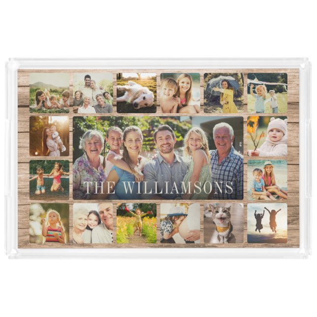 Custom Modern Rustic Family Photo Collage Gift Acrylic Tray (Front)
