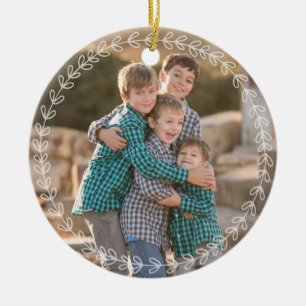 Custom Modern Rustic Wreath Photo Green Holiday Ceramic Ornament