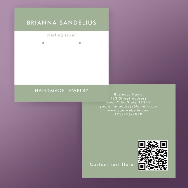Custom Modern Sage Green QR Code Handmade Earring Square Business Card (Customize the modern text on these sage green handmade jewelry earrings display card.)