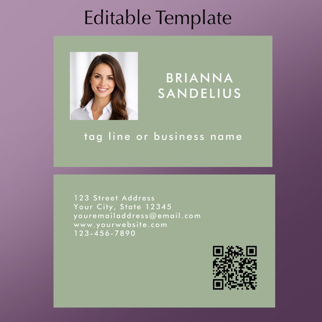 Custom Modern Sage Green QR Code Photo Template Business Card (Personalize this stylish sage green business card template. Add photo QR card and contact info.
)