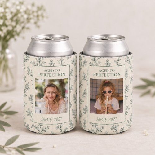 Custom Modern Sage Toile Photo Milestone Birthday Can Cooler