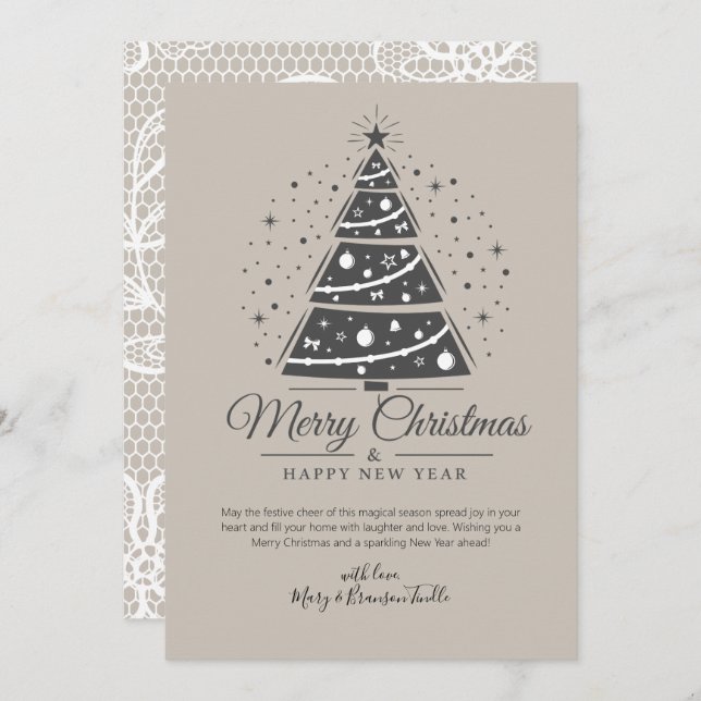 Custom Modern Script Lace Pattern Tree Christmas Holiday Card (Front/Back)